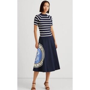 RALPH LAUREN Womens Navy Zippered Logo Graphic Below The Knee A-Line Skirt 2